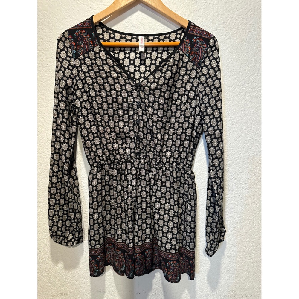 Xhilaration Womens Long Sleeve Romper Black Geometric Paisley Print Size M - Picture 10 of 11